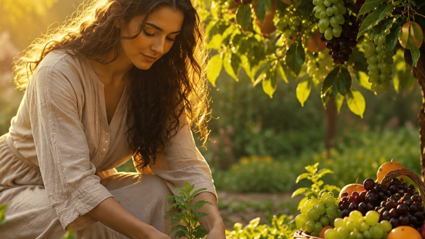 Mulher de cabelos longos e escuros agachada plantando uma muda em jardim com frutas.