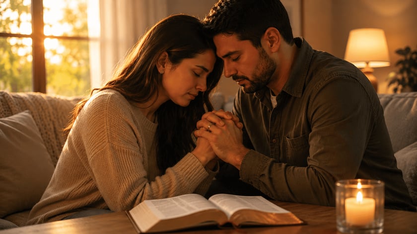 Casal de mãos unidas e testas encostadas, de olhos fechados, ao lado de uma Bíblia aberta.