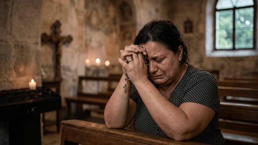 Mulher chorando, com as mãos unidas segurando um terço, ajoelhada em um banco de igreja antiga.