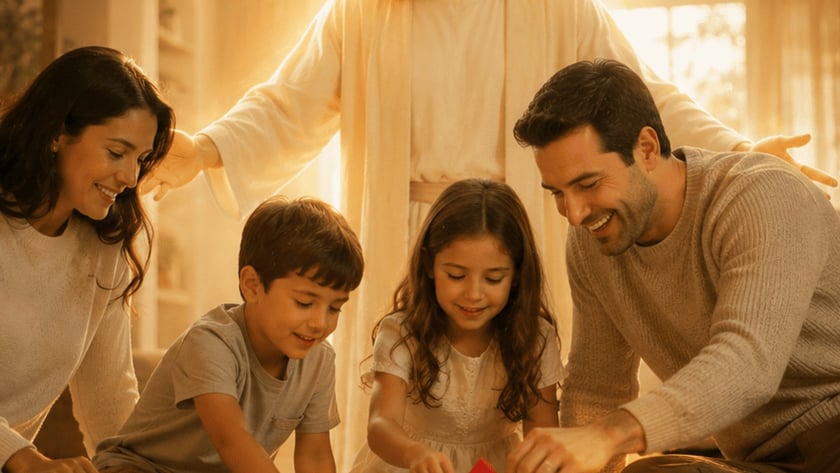 Figura luminosa de túnica branca abre os braços sobre família brincando com blocos coloridos