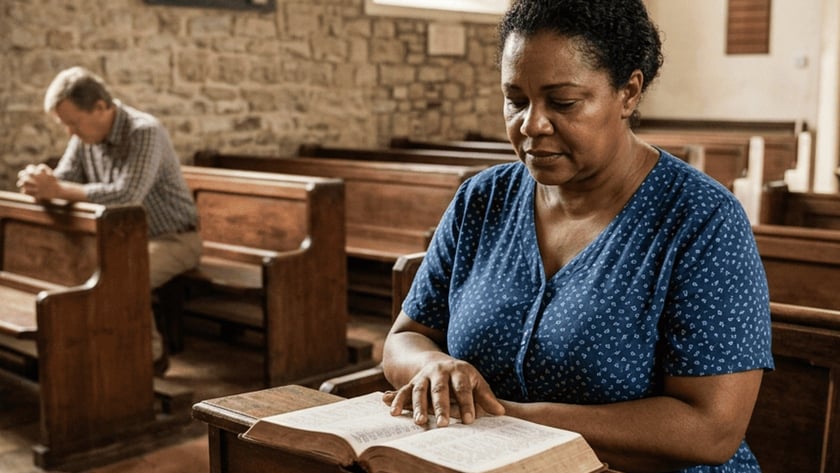 Mulher lê uma Bíblia em um banco de igreja de pedra, com um homem rezando ao fundo.