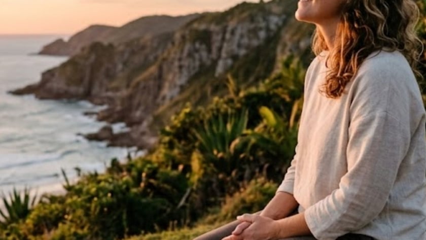 Mulher de cabelo cacheado sentada em um banco de madeira, de olhos fechados