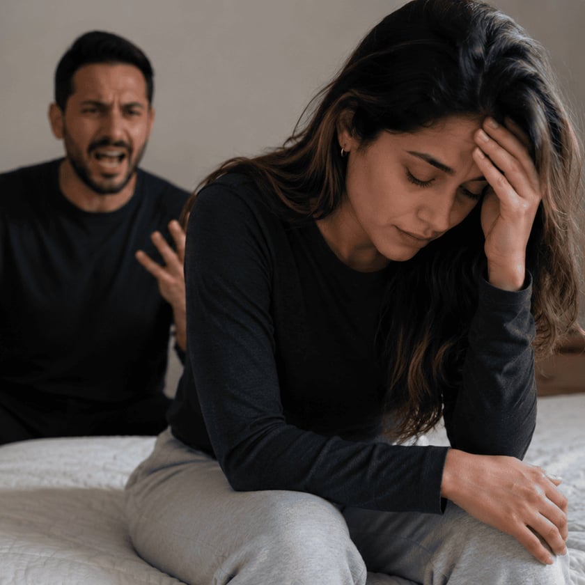 Mulher sentada na cama com a mão na testa, enquanto homem atrás grita e gesticula.