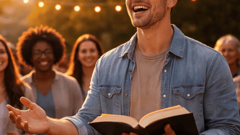 Homem sorridente segura um livro aberto e estende a mão diante de pessoas ao ar livre.