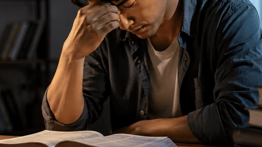 Homem de camisa azul com a mão na testa, sentado diante de livros abertos e empilhados.