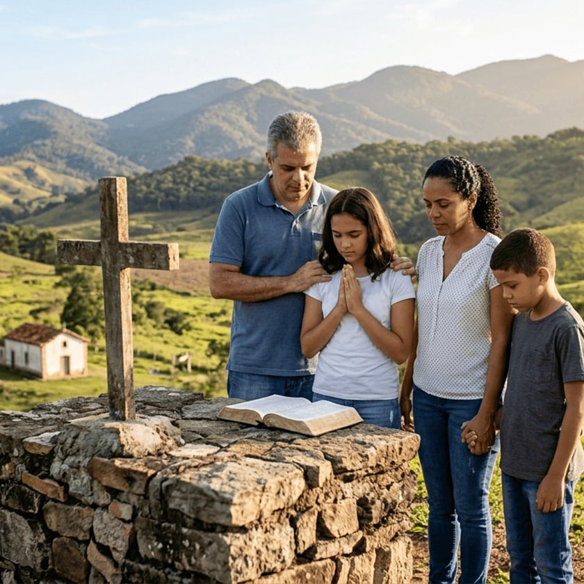 Família de quatro pessoas reza diante de uma Bíblia aberta sobre muro de pedra, ao lado de uma cruz.