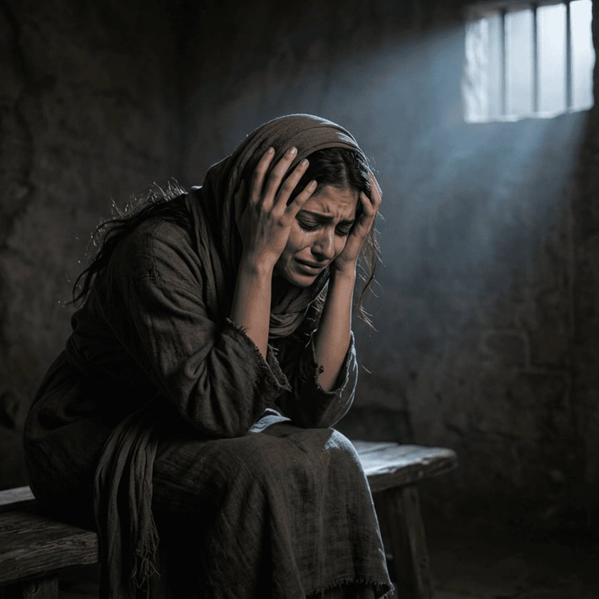 Mulher de lenço na cabeça chora com as mãos na cabeça, sentada em cela com janela gradeada.