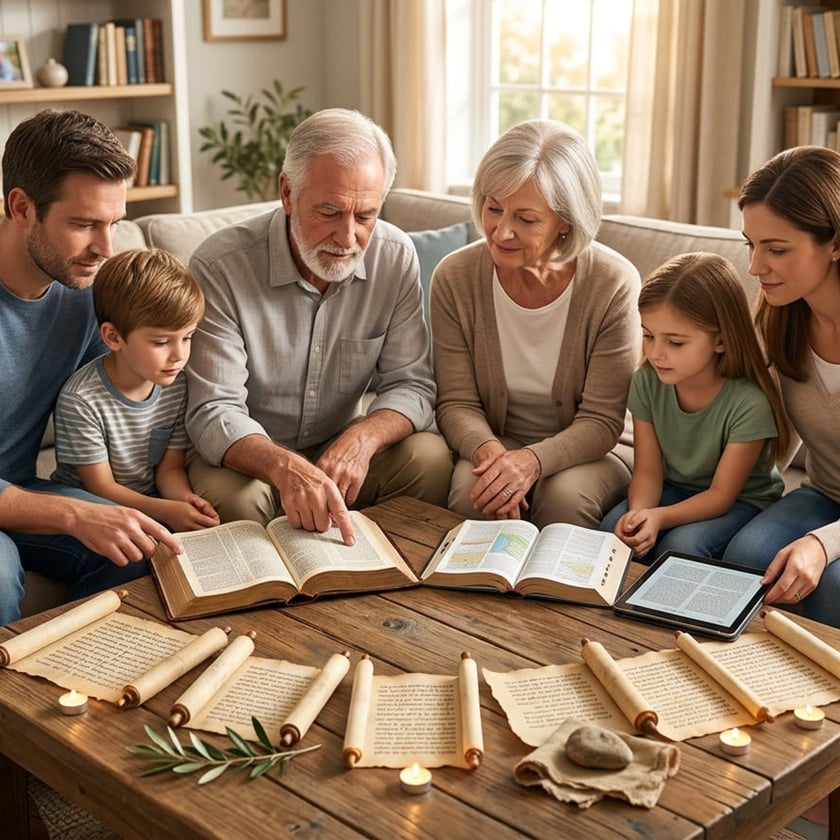 Família de três gerações lê Bíblias, pergaminhos e um tablet sobre a mesa da sala.