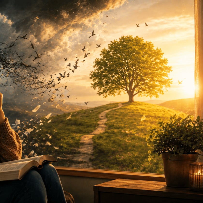 Pessoa lê livro aberto junto à janela com vista de colina, árvore e pássaros.
