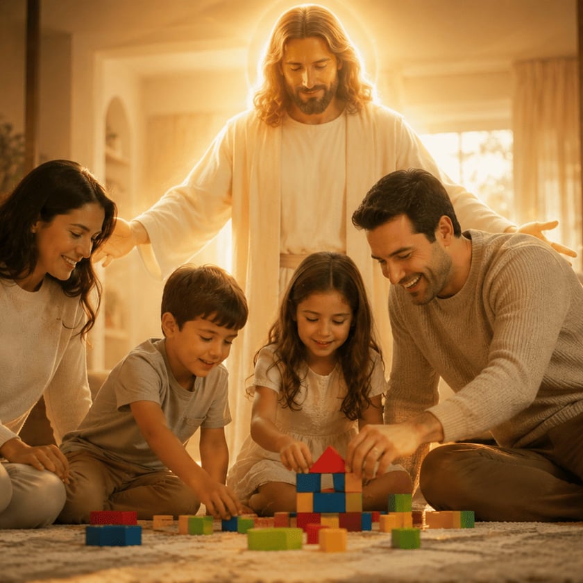 Figura luminosa de túnica branca abre os braços sobre família brincando com blocos coloridos