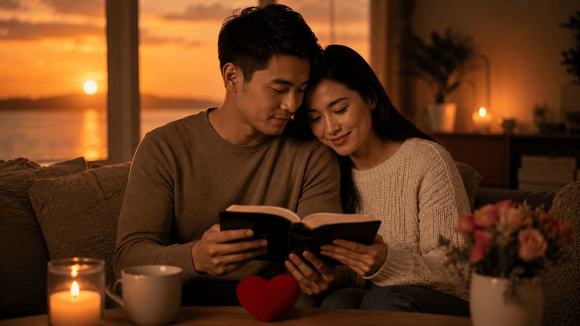 Casal sentado no sofá lê um livro juntos, com o pôr do sol na janela.