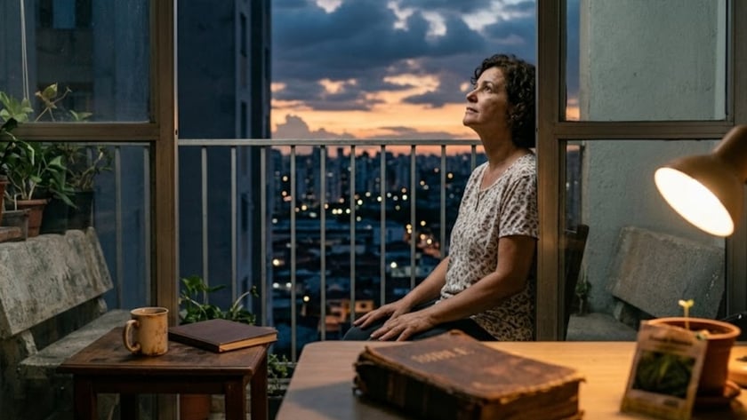 Mulher de cabelo cacheado sentada na varanda de um apartamento, olhando para o céu ao entardecer.