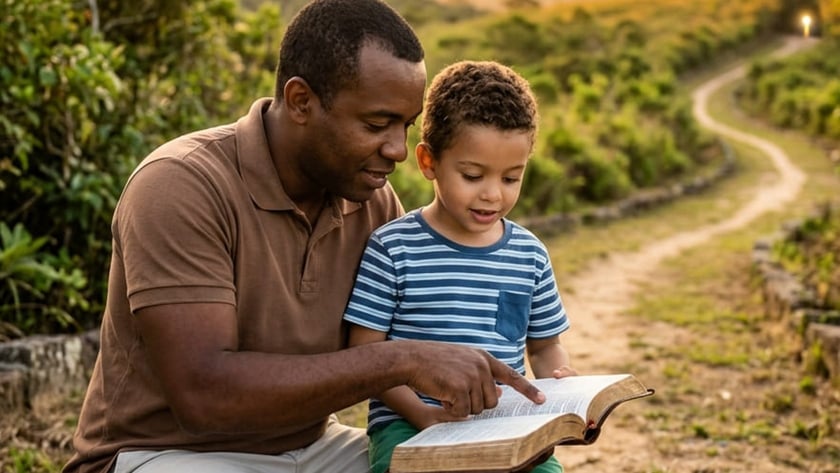 Homem e menino leem juntos uma Bíblia aberta ao ar livre, perto de uma trilha.