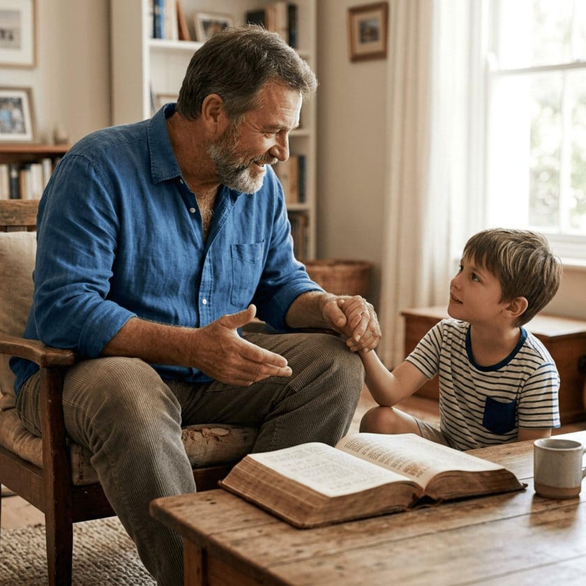 Homem de barba conversa com um menino sentado ao lado de uma mesa com livro aberto.