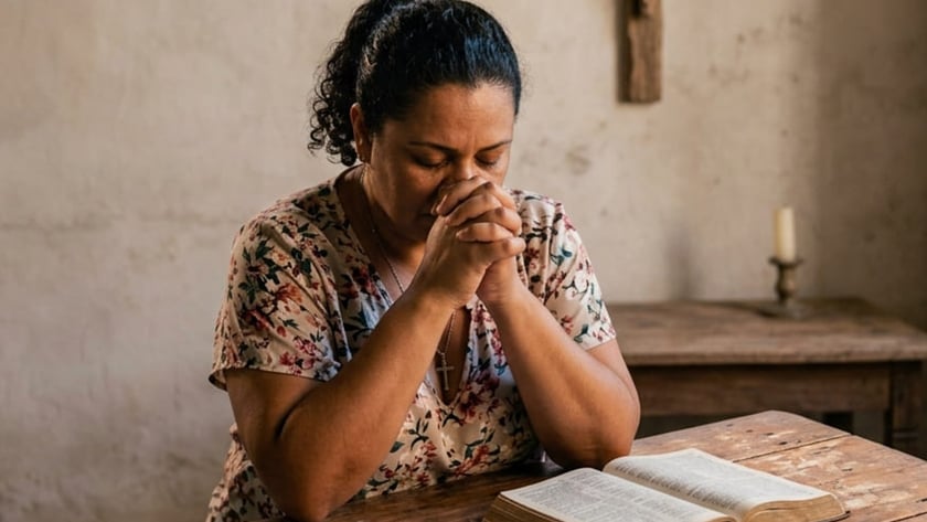 Mulher de olhos fechados e mãos juntas reza diante de uma Bíblia aberta, com crucifixo na parede.