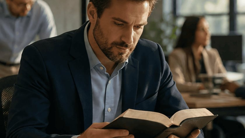 Homem de blazer lê uma Bíblia em uma mesa de escritório, com colegas ao fundo.