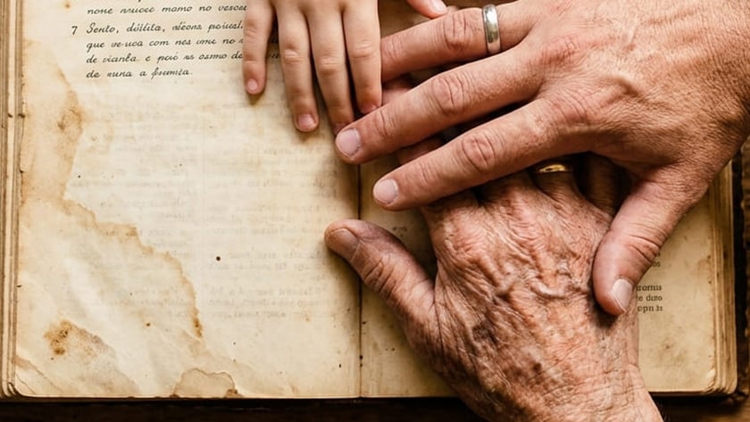 Mão de criança e mãos de adultos sobre uma Bíblia antiga aberta: "A Bíblia Sagrada"