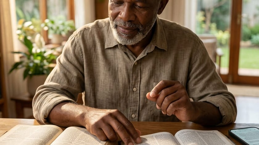 Homem idoso de barba grisalha lê dois livros abertos sobre uma mesa de madeira.