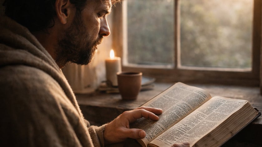 Homem barbudo envolto em manta lê um livro aberto ao lado de uma janela.