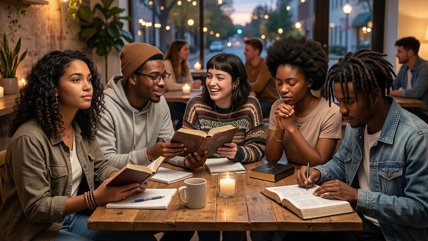 Cinco jovens estudam a Bíblia em volta de uma mesa de madeira numa cafeteria.