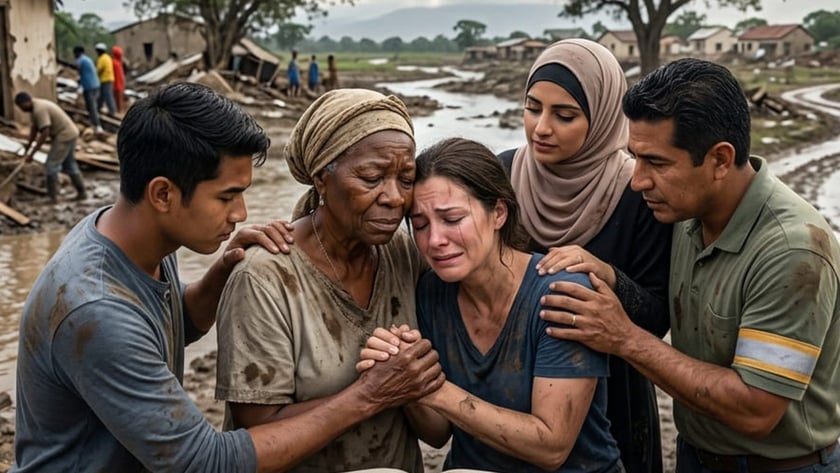Quatro pessoas consolam uma mulher que chora diante de uma Bíblia aberta, em vila alagada.