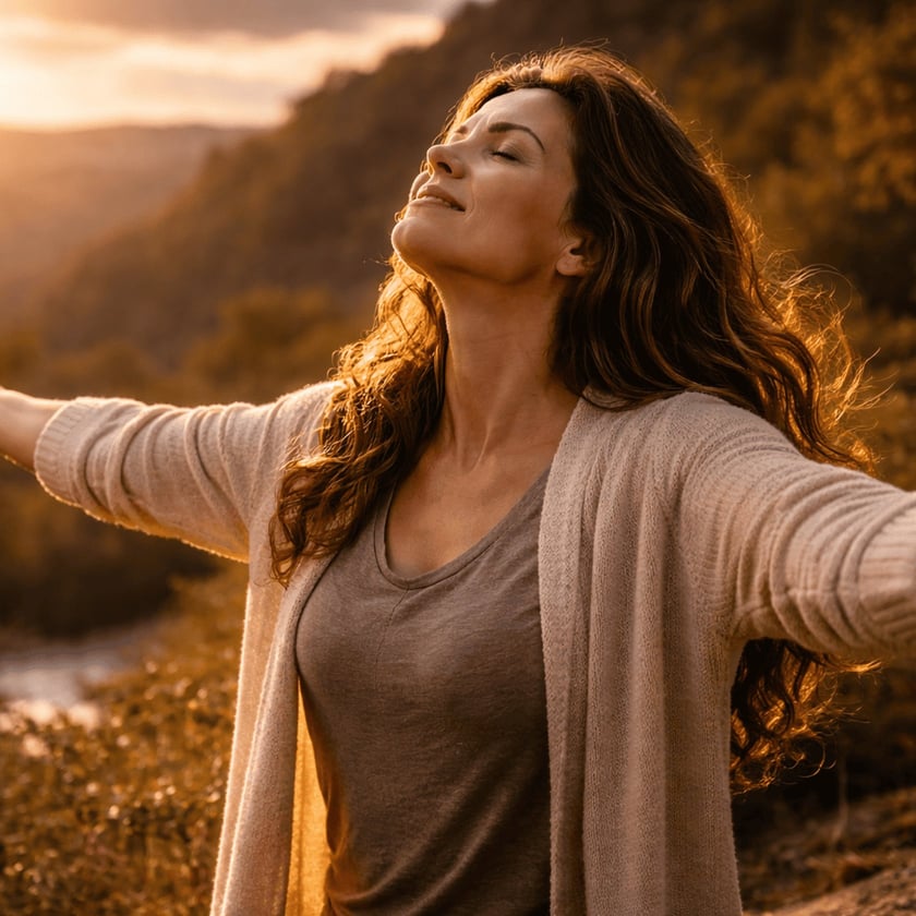 Mulher de cabelos longos e ondulados, de braços abertos e olhos fechados, em um vale ao pôr do sol.