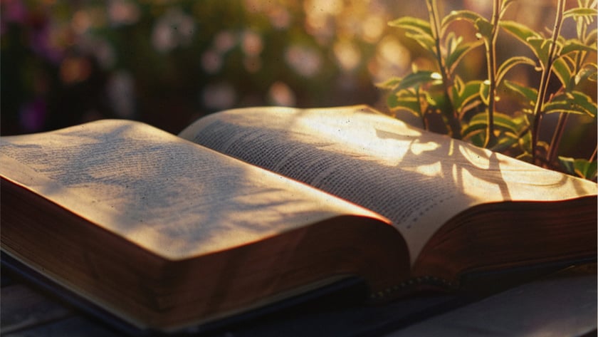 Livro aberto sobre uma mesa ao ar livre, com uma planta verde ao lado.