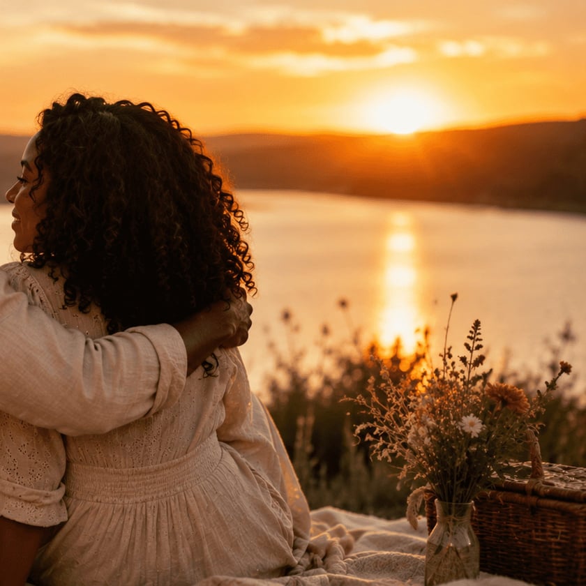 Mulher de cabelo cacheado sorri e é abraçada à beira de um lago ao pôr do sol.