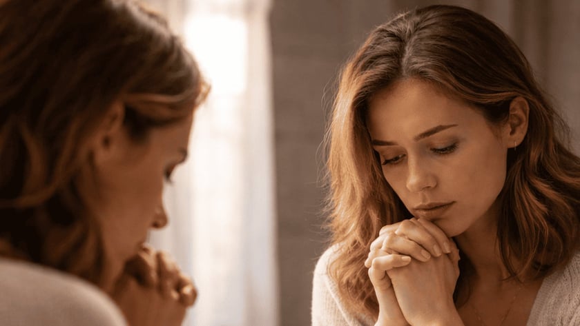 Mulher de suéter claro apoia as mãos unidas no queixo diante do espelho do banheiro.