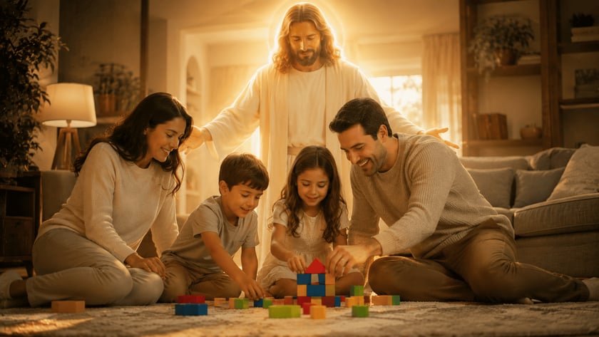 Figura luminosa de túnica branca abre os braços sobre família brincando com blocos coloridos