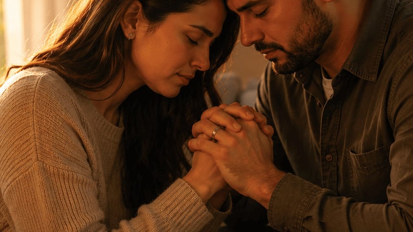Casal de mãos unidas e testas encostadas, de olhos fechados, ao lado de uma Bíblia aberta.