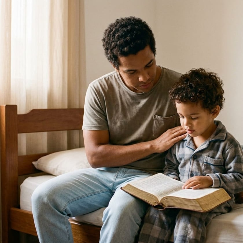 Homem e menino de pijama sentados numa cama, lendo juntos um livro grande aberto.