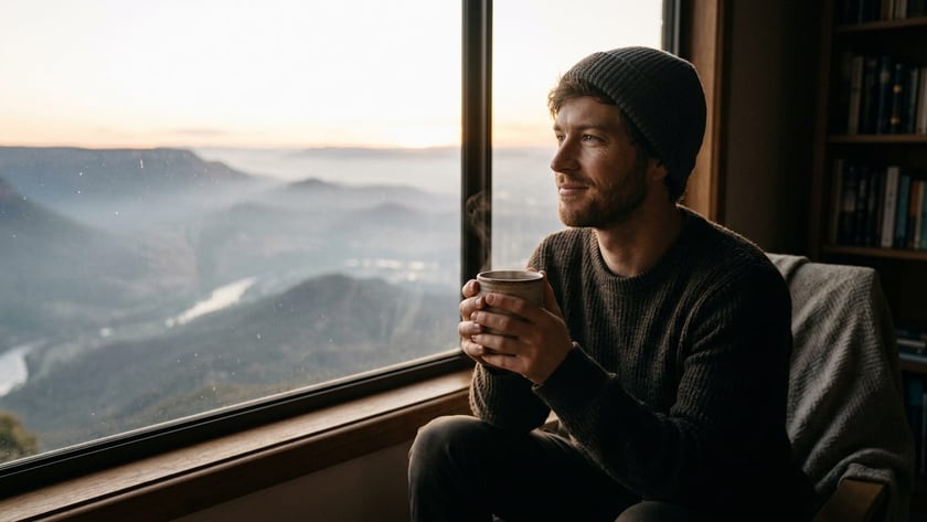 Homem de gorro segura uma caneca fumegante e olha pela janela para montanhas.