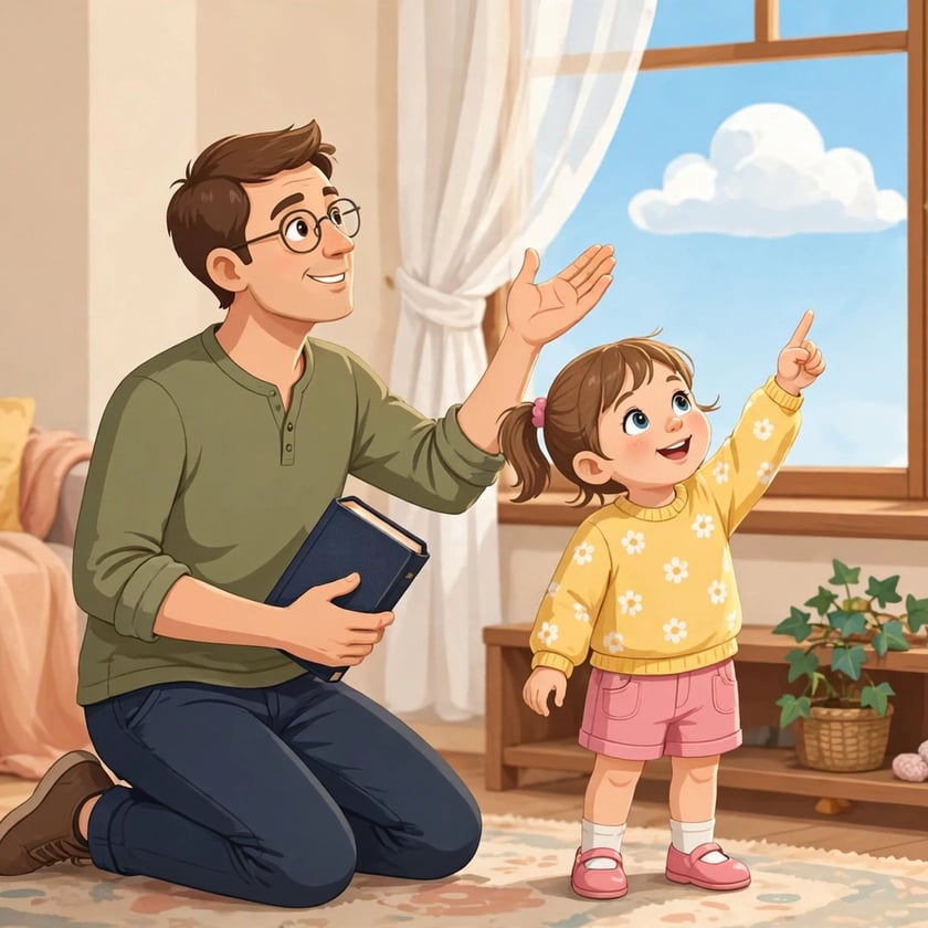 Pai ajoelhado com um livro e menina apontando para o céu pela janela.