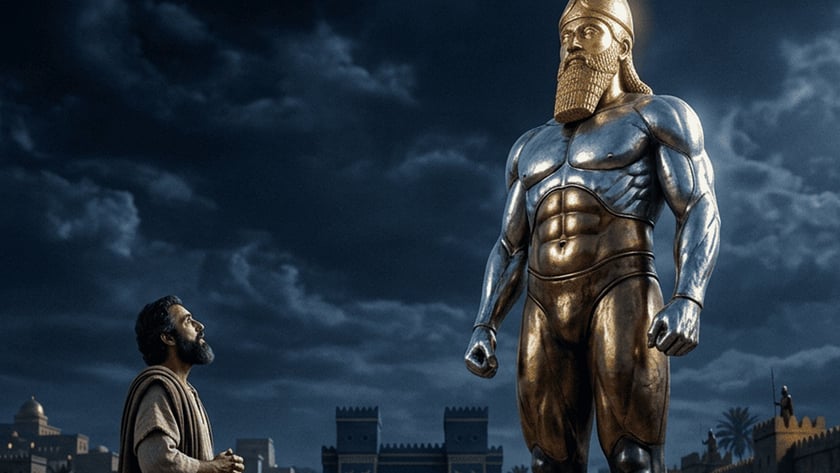 Homem barbado olha para uma estátua gigante de metal diante de uma cidade antiga murada à noite.