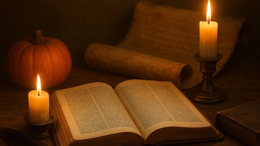 Livro antigo aberto sobre mesa de madeira, com duas velas acesas, abóbora, pergaminho e pena.