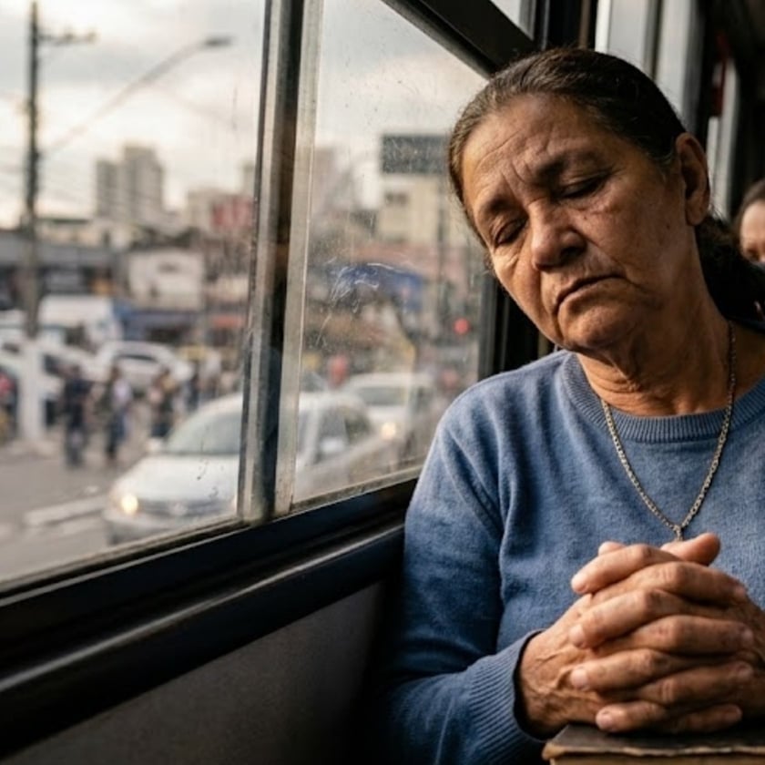 Mulher idosa de suéter azul, de olhos fechados, com as mãos unidas, encostada na janela do ônibus.