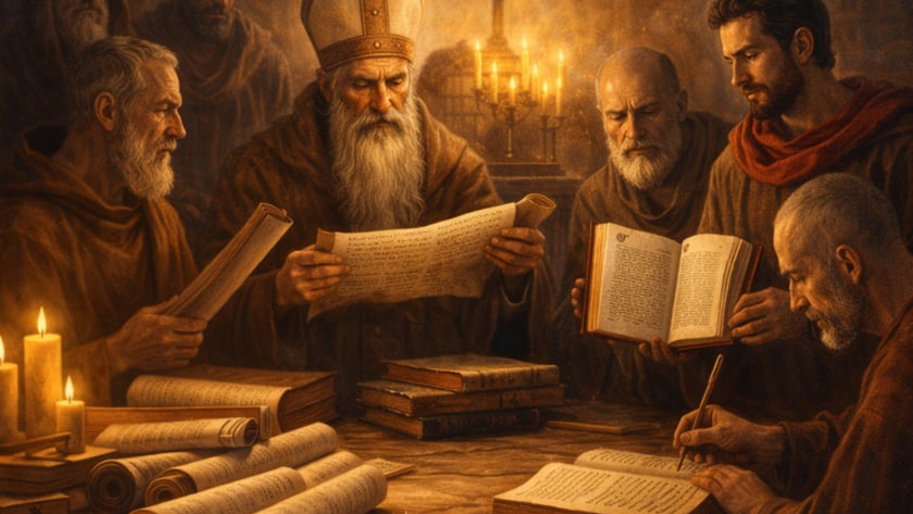 Homens de túnica examinam pergaminhos e livros à luz de velas, com um bispo ao centro.