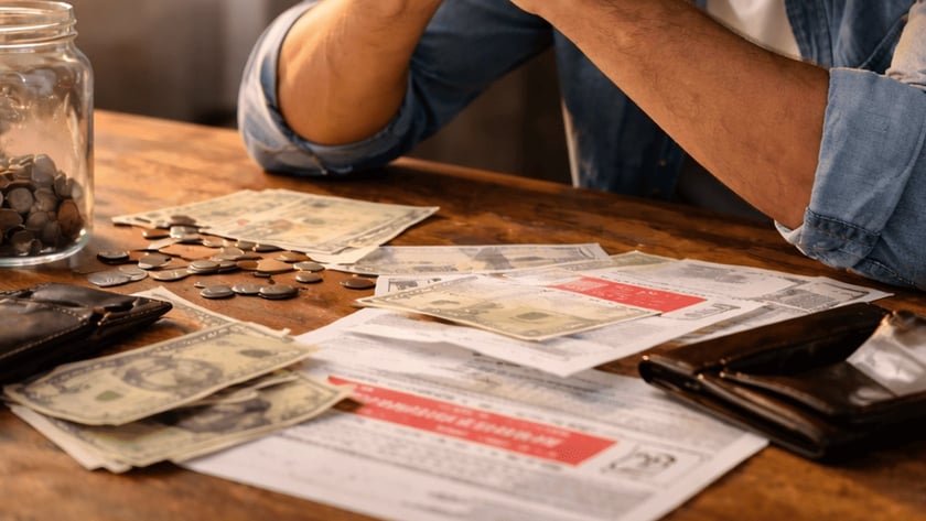 Homem sentado à mesa com as mãos na testa, diante de notas, moedas, carteira e contas.