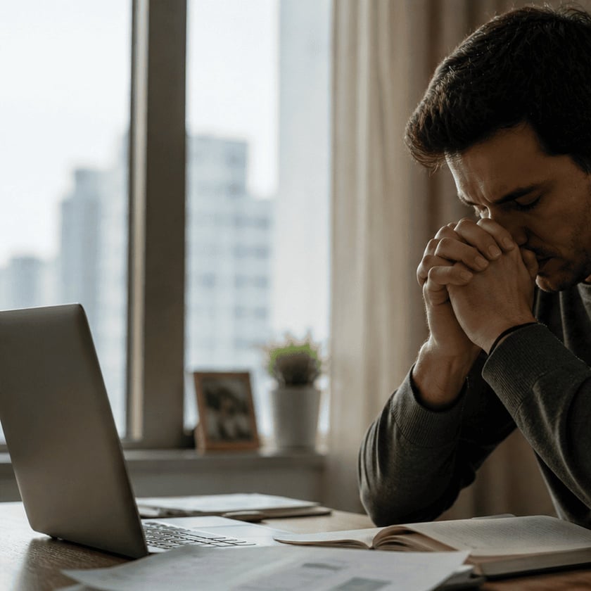 Homem de mãos postas junto ao rosto e olhos fechados, à mesa com laptop e papéis.