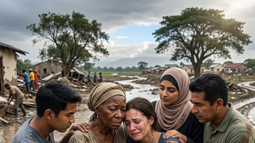 Quatro pessoas consolam uma mulher que chora diante de uma Bíblia aberta, em vila alagada.