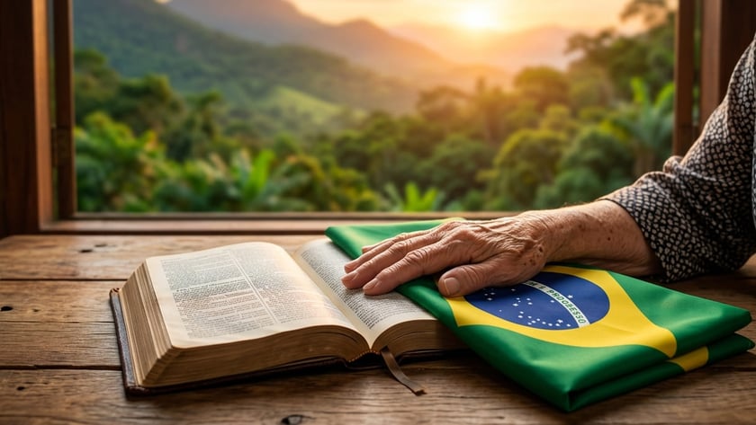 Mão idosa sobre uma Bíblia aberta e a bandeira do Brasil, diante de paisagem de montanhas.