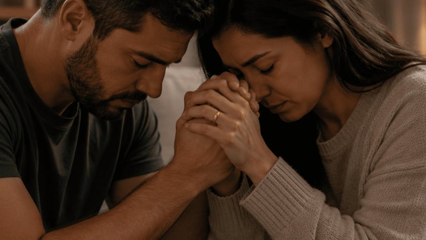 Homem e mulher sentados num sofá, de cabeças encostadas e mãos entrelaçadas, de olhos fechados.