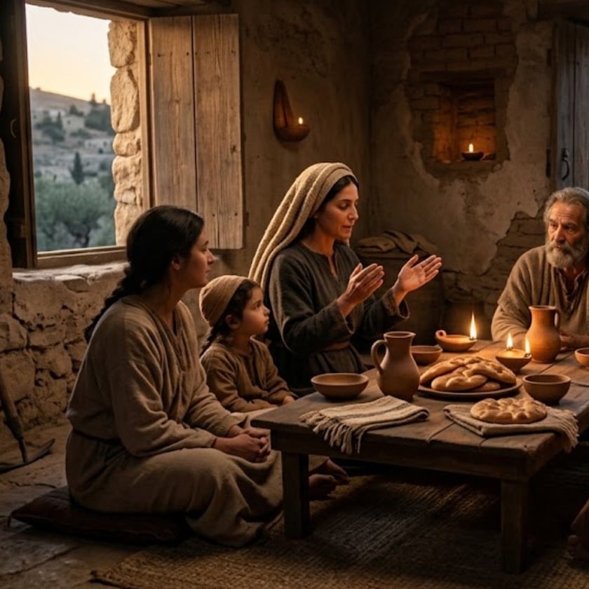 Família em túnicas simples reunida em volta de uma mesa baixa com pães, jarros e lamparinas.