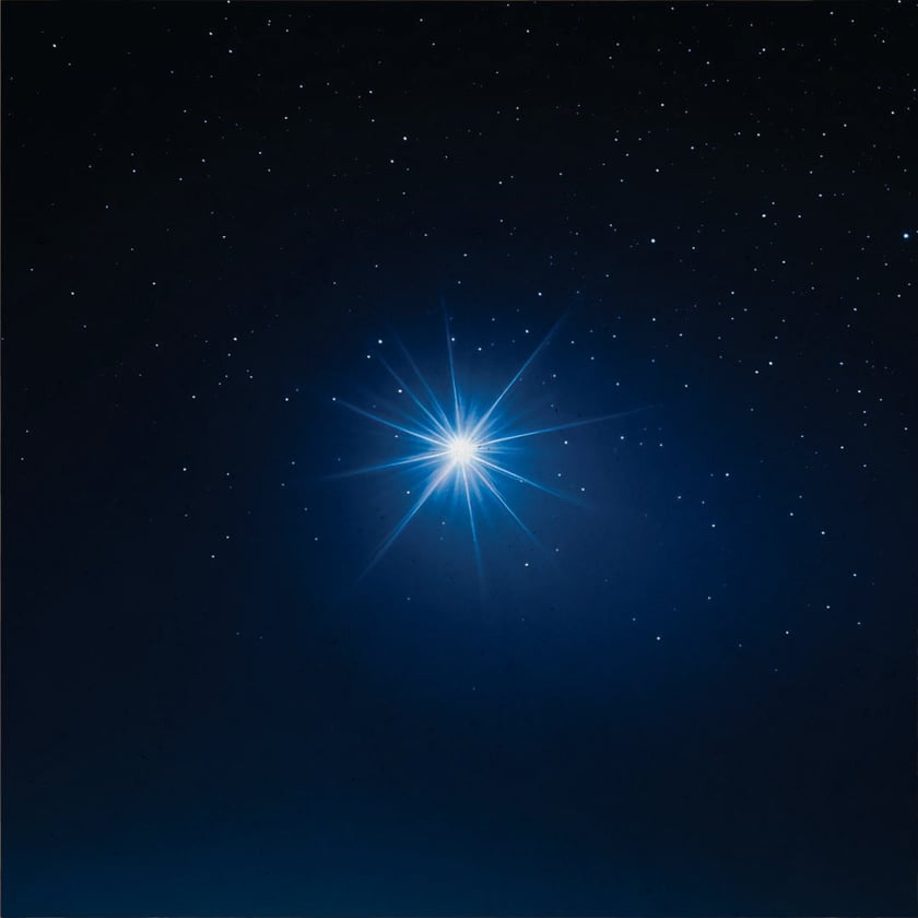 Estrela azul muito brilhante com raios longos, cercada por pequenas estrelas no céu escuro.