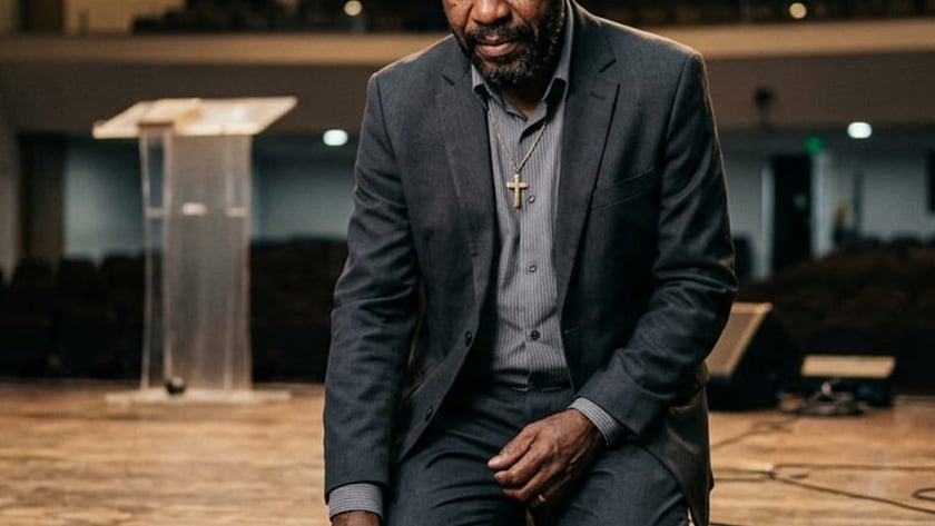 Homem de terno ajoelhado no palco de um auditório vazio, com a mão sobre uma Bíblia.