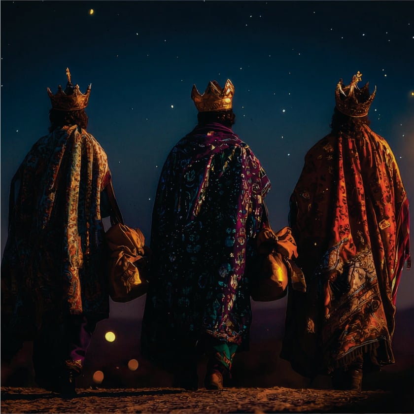 Três homens de costas, com coroas e mantos ornamentados, carregam bolsas sob um céu estrelado.