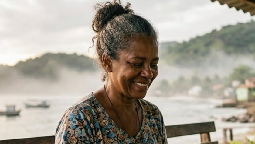 Mulher sorrindo, sentada num banco de madeira, segura uma cruz e uma Bíblia junto ao mar.