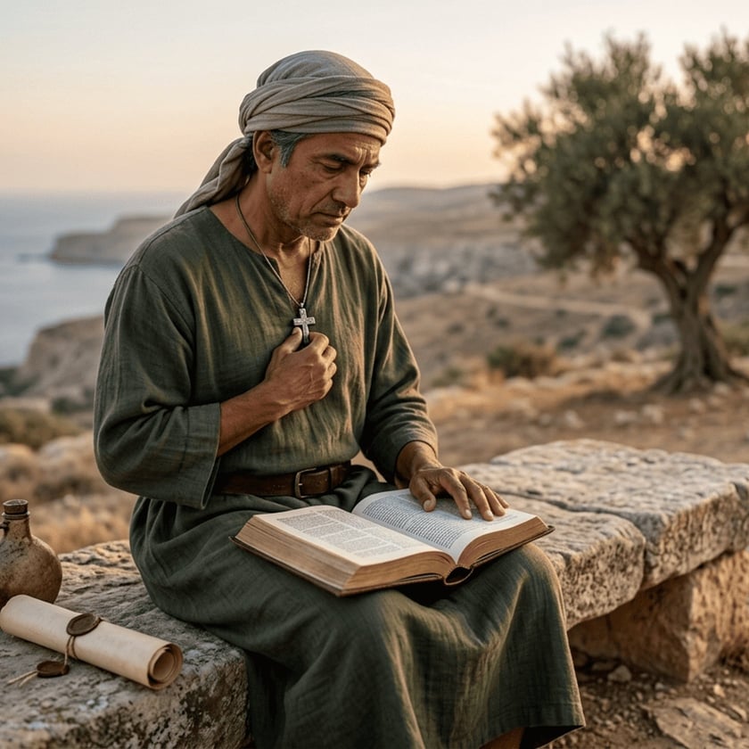 Homem de turbante e túnica verde lê um livro aberto num banco de pedra.
