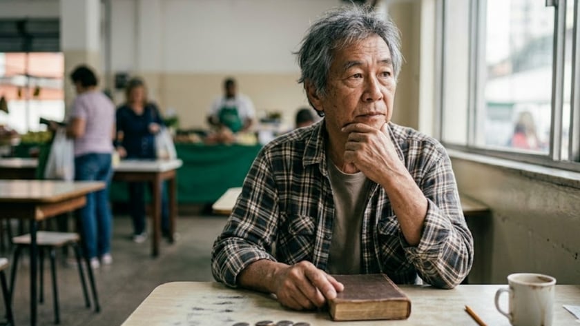 Homem idoso de camisa xadrez, sentado à mesa com um livro, olha pela janela.
